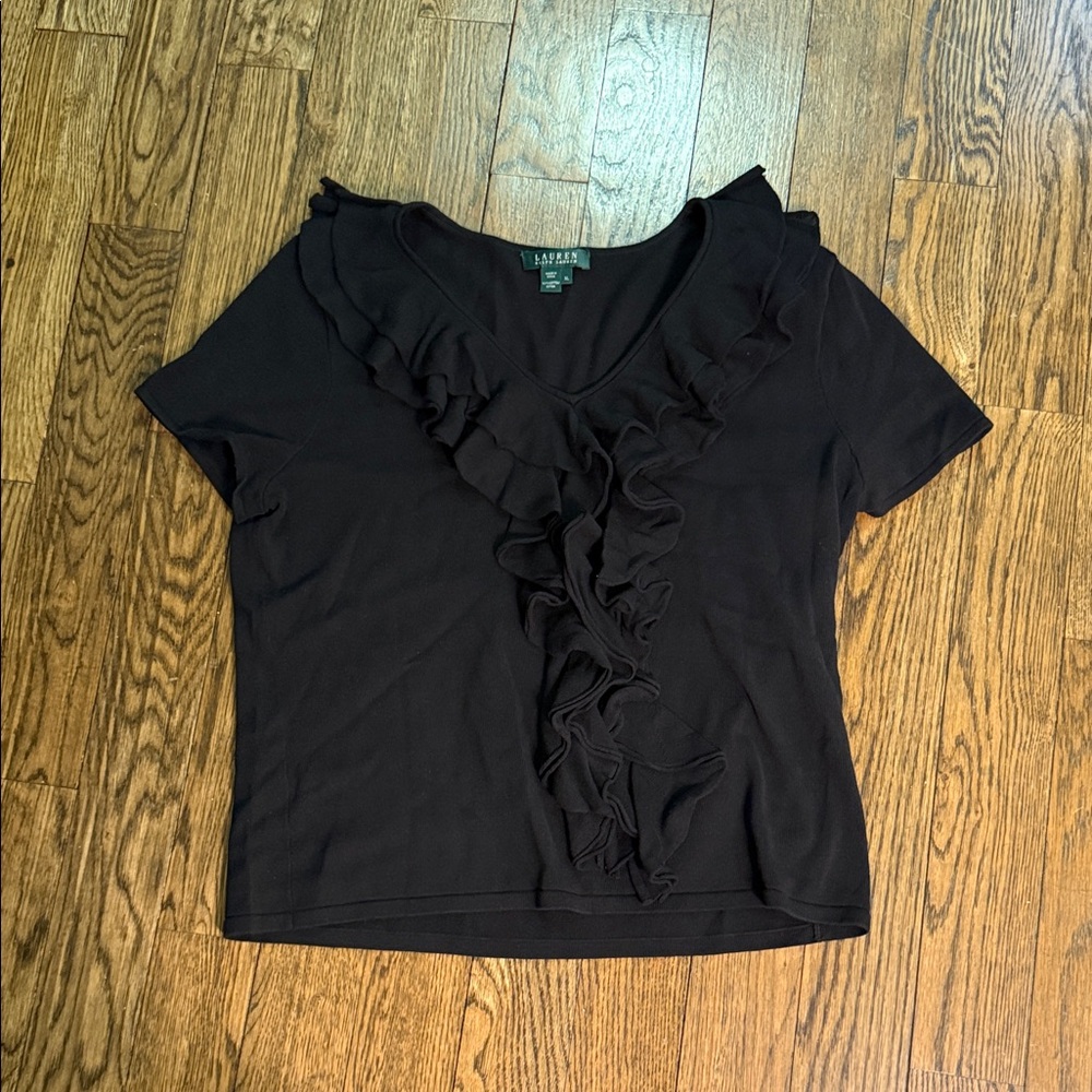 *Last Chance Price* Ralph Lauren Black Knit Ruffle Blouse w/ Short Sleeves XL